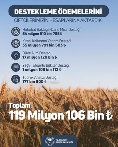 119 milyon TL tarımsal destekleme ödemesi çiftçilerin hesabına yatırıldı