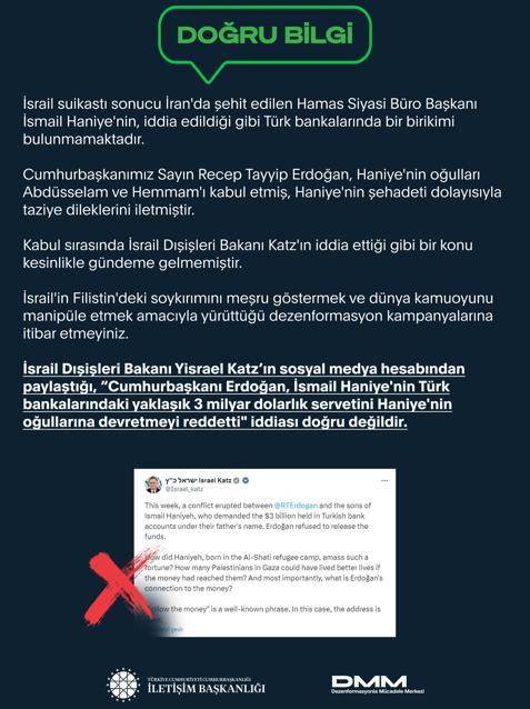 İletişim Başkanlığı, Haniye'nin Türk bankalarında birikimi olduğu iddiasını yalanladı