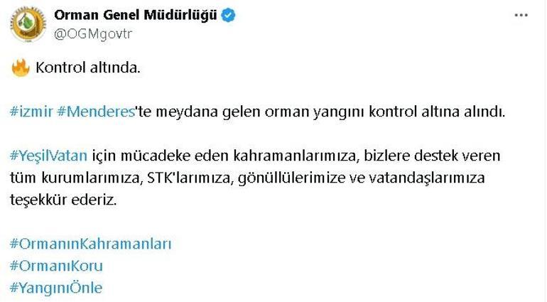 OGM: İzmir Menderes'teki orman yangını kontrol altına alındı