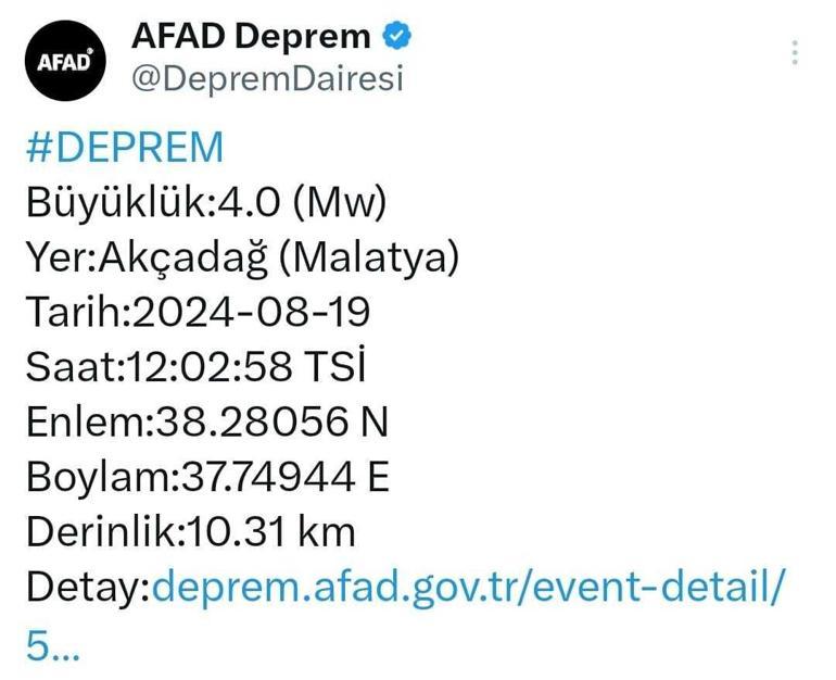 Malatya'da 4 büyüklüğünde deprem