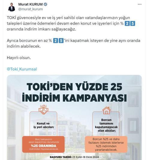 TOKİ'de peşin ödemeye yüzde 25 indirim