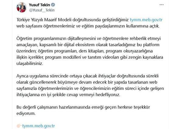 Bakan Tekin: Türkiye Yüzyılı Maarif Modeli doğrultusunda geliştirilen web sayfası kullanıma açıldı