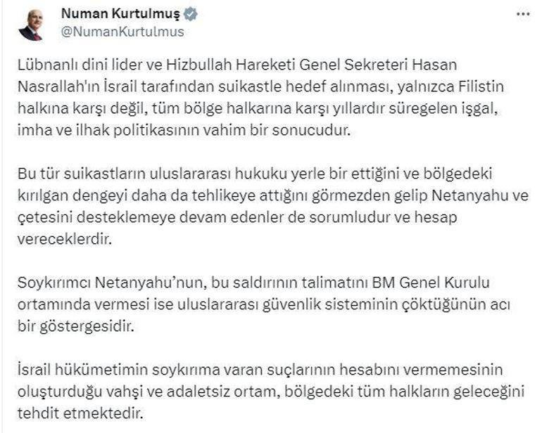 Kurtulmuş: Nasrallah'ın hedef alınması işgal politikasının vahim sonucudur