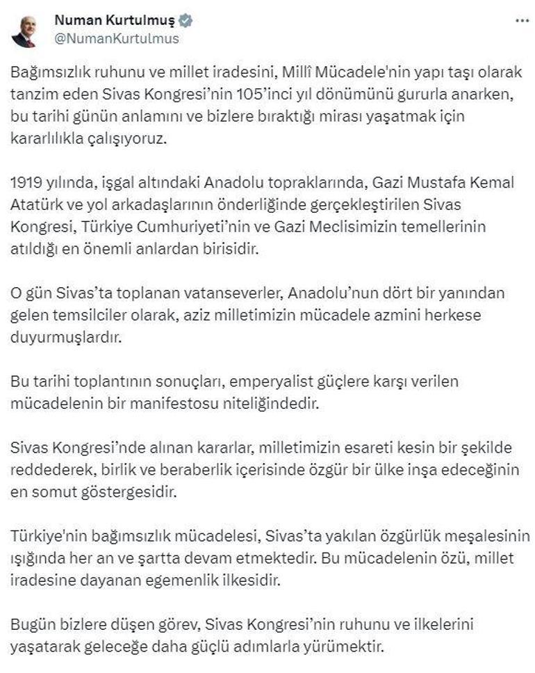 TBMM Başkanı Kurtulmuş'tan 'Sivas Kongresi' mesajı