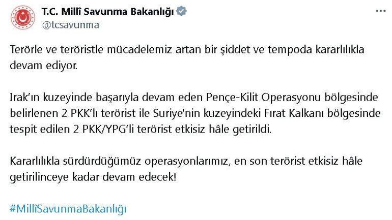 MSB: Irak ve Suriye'nin kuzeyinde 4 terörist etkisiz hale getirildi