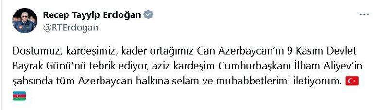 Cumhurbaşkanı Erdoğan, Azerbaycan'ın 'Devlet Bayrak Günü'nü kutladı