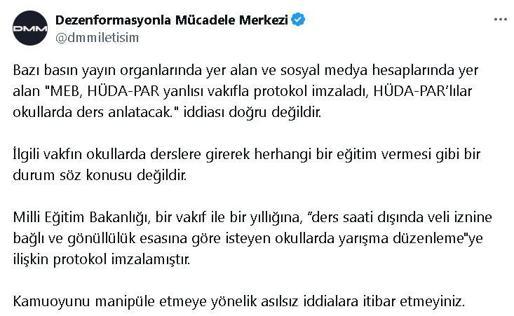 DMM: 'HÜDA-PAR'lılar okullarda ders anlatacak' iddiası doğru değildir