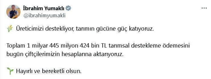 Bakan Yumaklı: 1,4 milyar TL tarımsal destekleme ödemesini aktarıyoruz