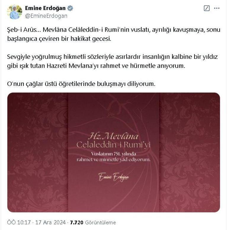 Emine Erdoğan: Hazreti Mevlana'yı rahmet ve hürmetle anıyorum