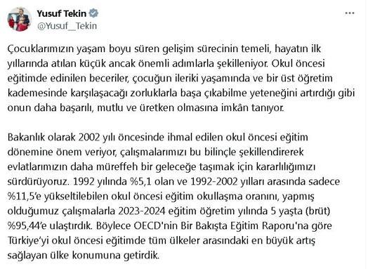 Bakan Tekin: Okul öncesi eğitimde okullaşma oranını yüzde 95'e ulaştırdık