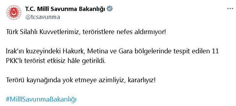 MSB: Irak'ın kuzeyinde 11 terörist etkisiz hale getirildi